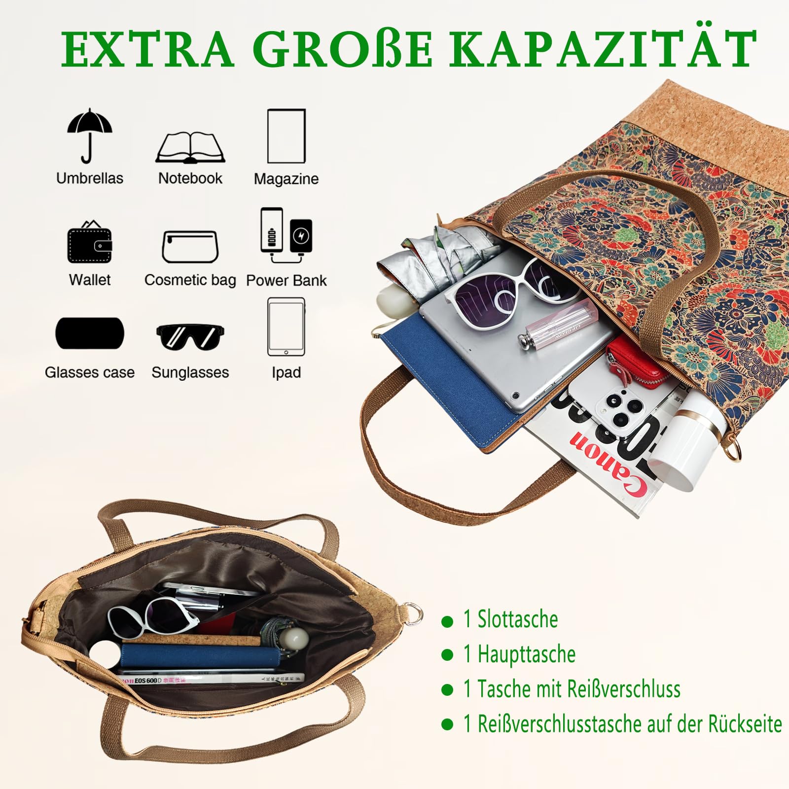 boshiho Bolso grande de corcho para mujer, bolso de mano y bandolera con 2 neceseres, para escuela, oficina, trabajo, viajes, excursiones, compras, madre, novia, como regalo
