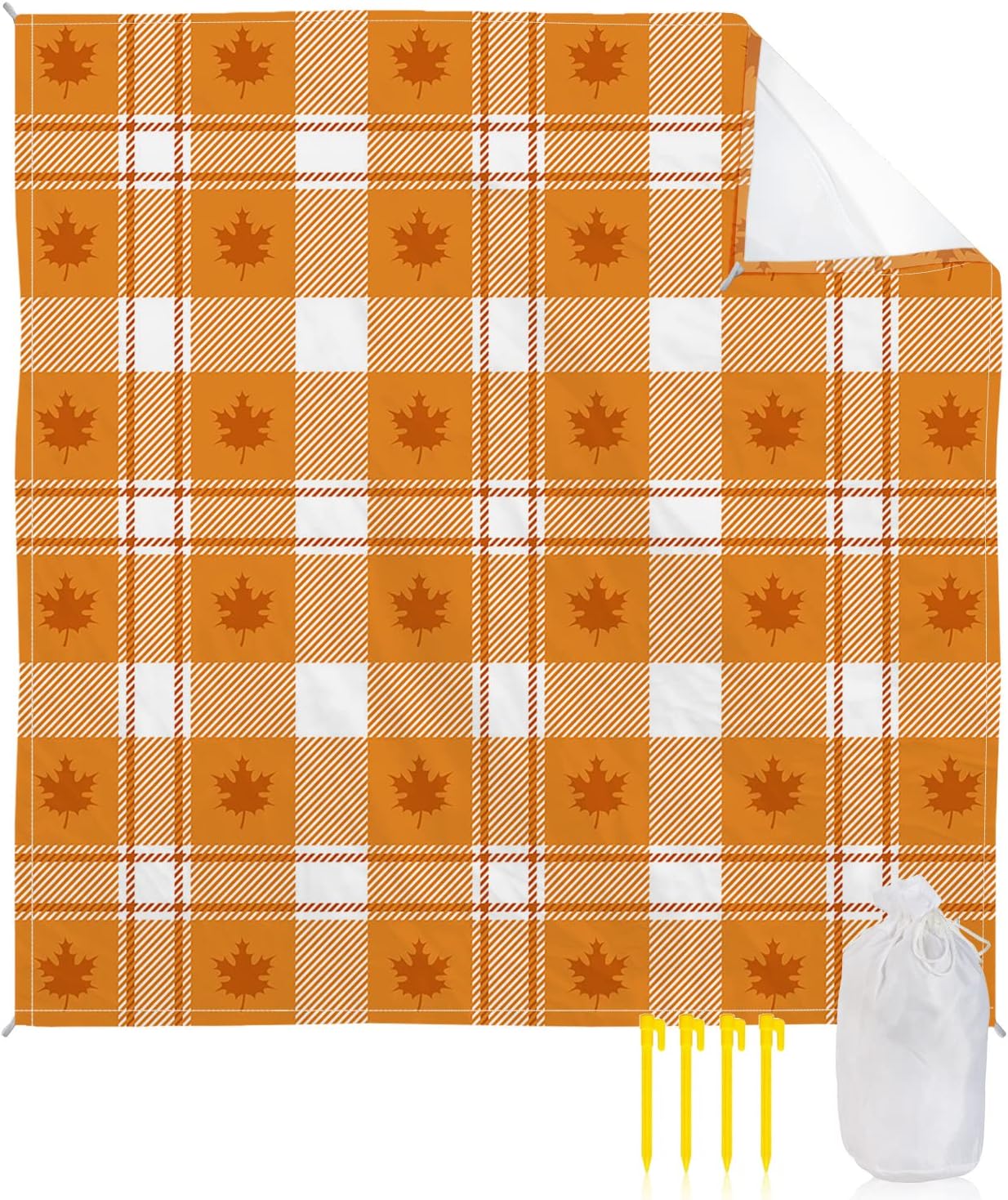 Thanksgiving Day Autumn Leaves Beach Blanket Waterproof Sandproof Outdoor Picnic Mat 118"x108" Maple Leaf Check Grid Lightweight Large Beaach Blankets with 4 Stake & 4 Corner Pockets