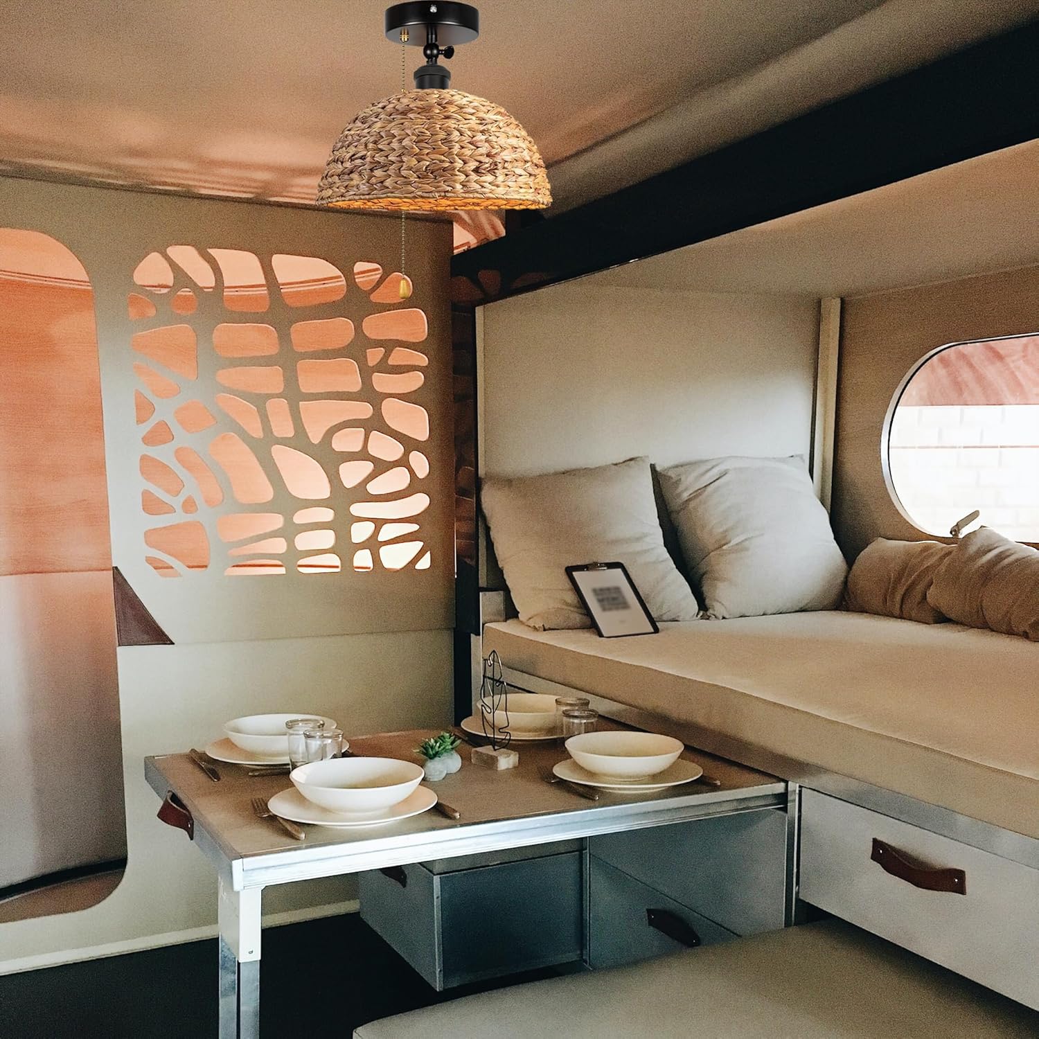 Gimbaled Wall Light, Zipper Switch 12V RV Woven Natural Boho Water Hyacinth Dome Shape, Replaceable 2700K Bulb Included Semi Flush Mount Interior Lighting Decorative for Camper