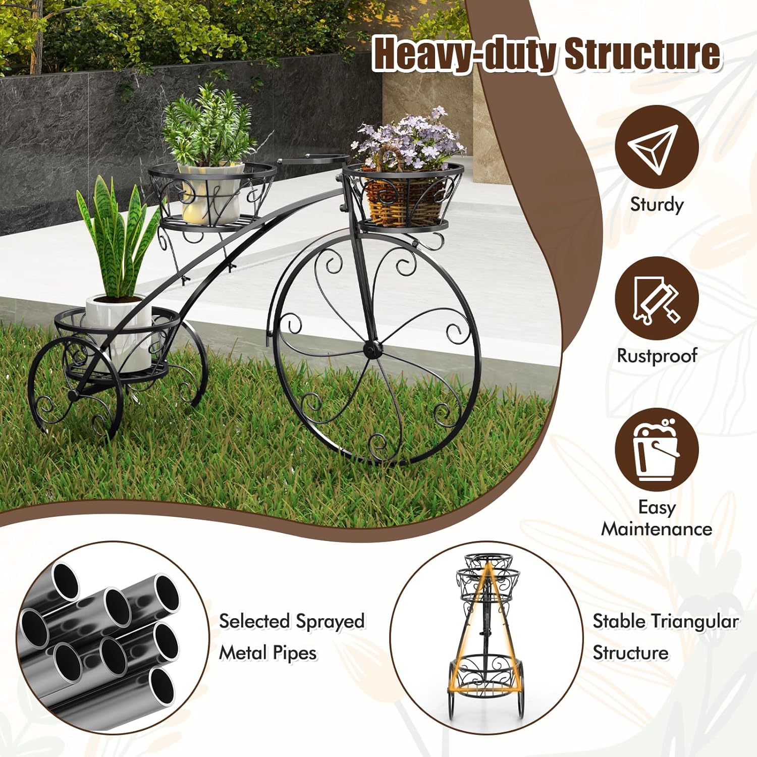 DREAMADE 3-tier Bicycle Planter, Vintage Tricycle Plant Display Cart w/ Openwork Baskets & Fixed Wheels, European-Inspired Metal Decorative Plant Stand for Gardens, Patios, Balconies (Black)