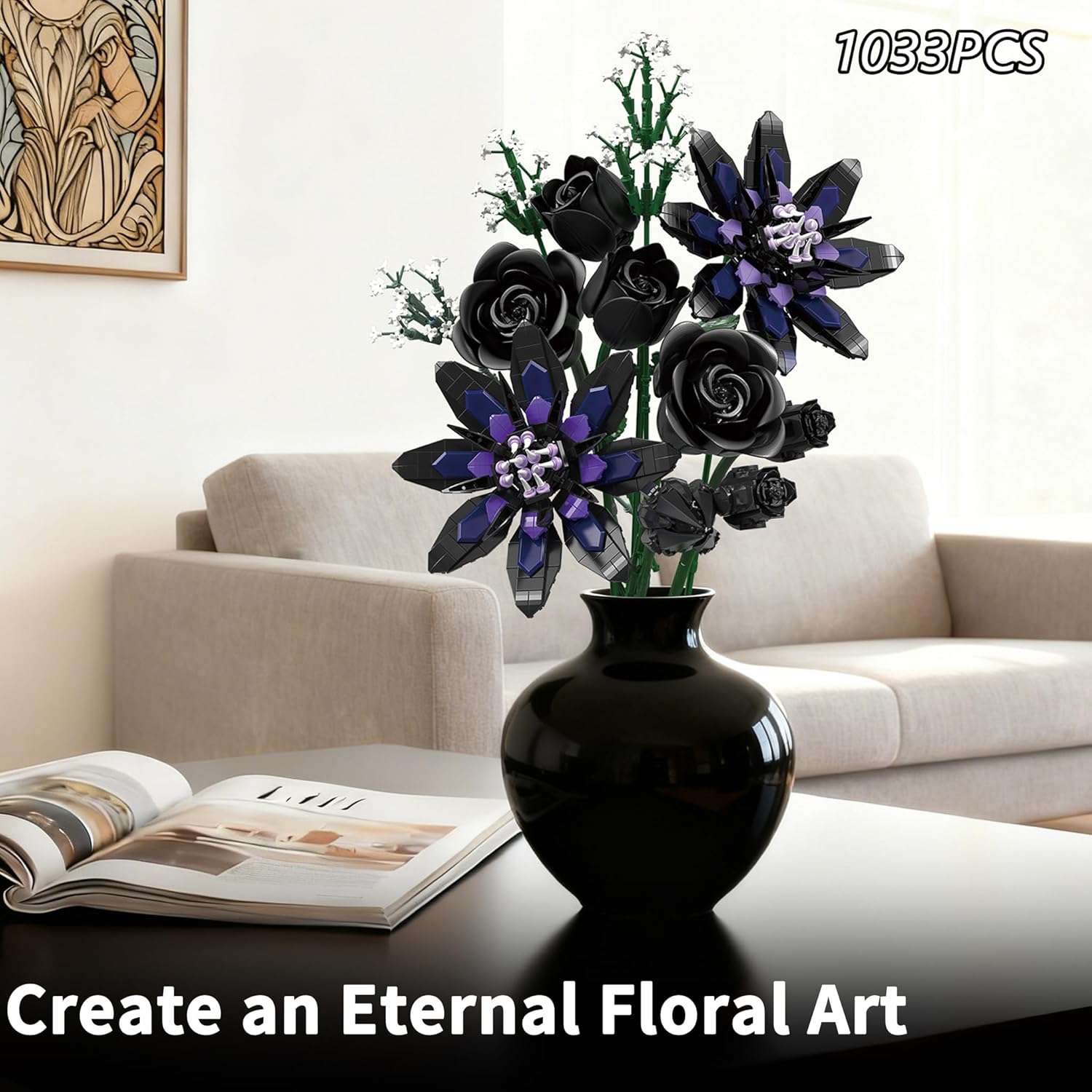 Flower Bouquet Building Set, 12 Gothic Black Rose and Lotus Botanical Collection Building Block Toy Compatible with Lego Flowers for Adults Women Home Decor, Gift for Valentine, Mother's Day - Image 3