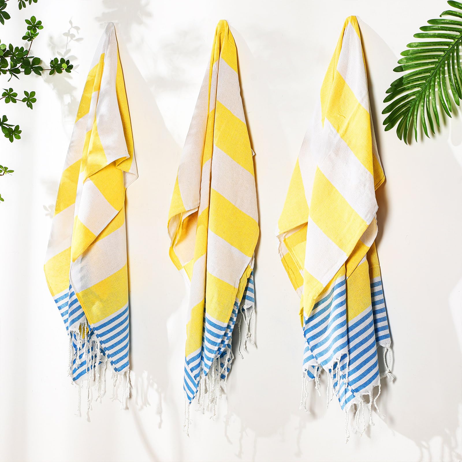 Oudain Türkische Strandtücher, Baumwolle, schnell trocknend, 180 x 101 cm, leicht, sandfrei, Pool-Handtuch mit Quaste, gestreift, für Dusche, Fitnessstudio, Yoga, 10 Stück (Gelb, Blau, Weiß)