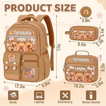 Capybara Backpack for Girls, 4 PCS Capybara Backpack with Lunch Box Set
