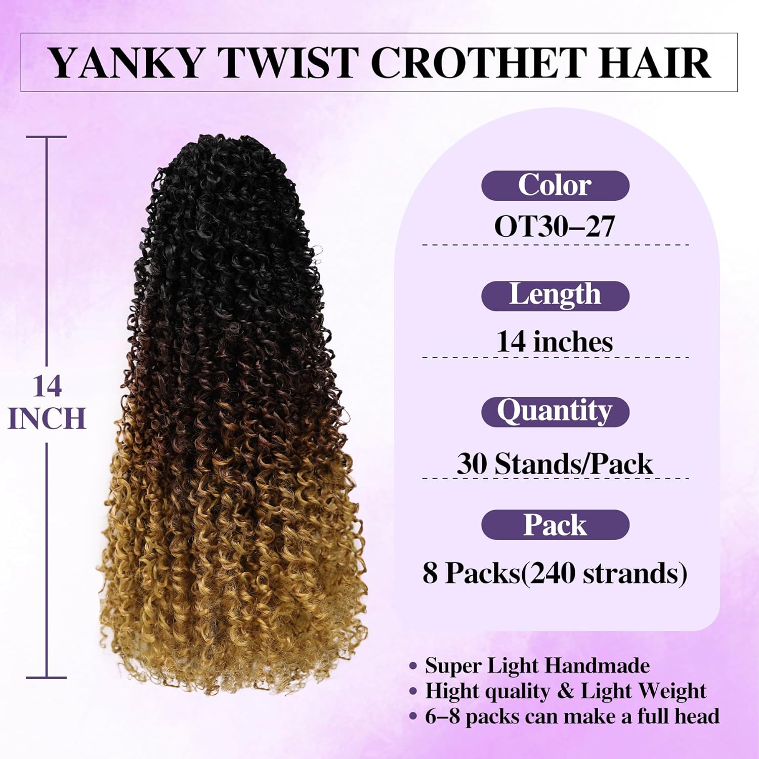Yanky Twist Crochet Hair for black women 14 Inch 8 Packs 30 Stands/Pc,Pre-looped Fluffy Spring Mini Twist Passion Twist 3 Toned Ombre Brown Synthetic Crochet Braids Braiding Hair(14 Inch, OT30/27-8P)
