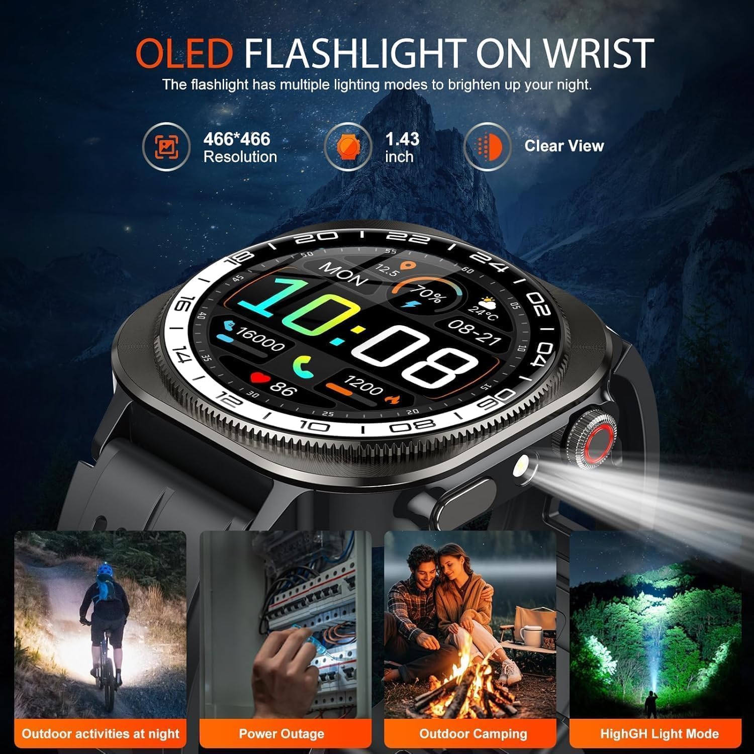 Montre Connectée Homme avec GPS Intégré, 1.43"HD AMOLED Militaire Smartwatch Appels Bluetooth 5.4, Montre Intelligente Fréquence Cardiaque/Sommeil/SpO2 Podometre,IP68 Étanche,130+ Modes Sport Noir