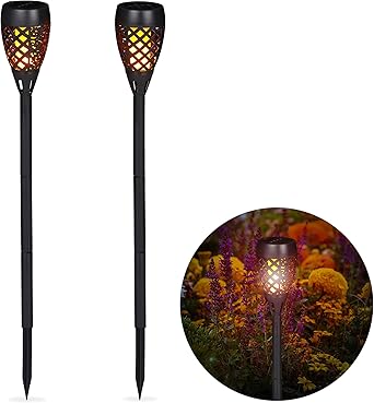 Relaxdays Black Solar Torch Set Of 2 Outdoor Garden Lighting Flickering Flame With Spikes H 78 Cm Amazon Co Uk