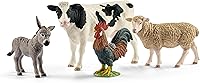 Schleich Farm World 4-Pc Barnyard Animal Set: Realistic Cow, Sheep, Rooster & Donkey Toys for Kids 3+ - 42385
