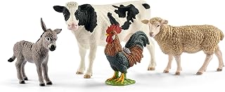 Schleich Farm World 4-Pc Barnyard Animal Set: Realistic Cow, Sheep, Rooster & Donkey Toys for Kids 3+ - 42385