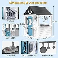 Vista 3 de Casa de Juegos de Madera para Niños con Fregadero de Cocina, Buzón y Timbre Funcional, Casa de Juegos para Niños al Aire Libre con Puerta Holandesa