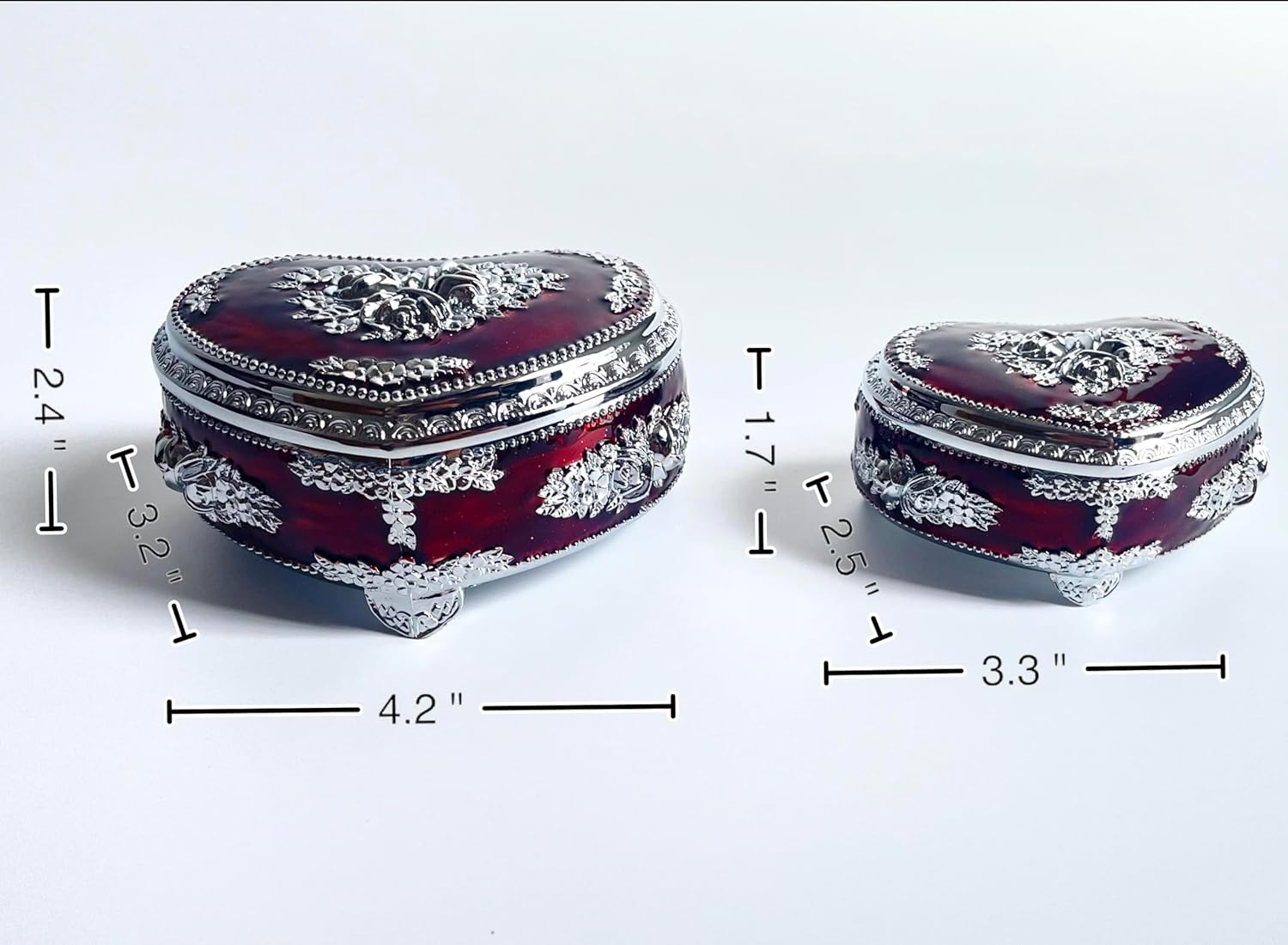 Heart Shape Jewelry Box,Rose Relief Metal Jewelry Chest,Necklace Earrings Ring Storage Case for Women (Chrome Transparent Red, Medium)