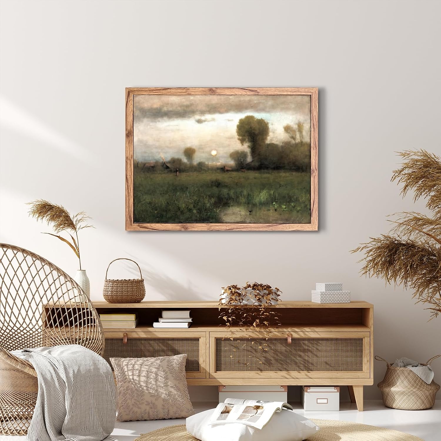 Balsuka Large Framed Wall Art Rural Landscape with Sunset Poster Canvas Print Vintage Rustic Painting Aesthetics Pictures Wall Decor Exquisite Home Decor for Living Room Bedroom 24x36inch Wood Framed