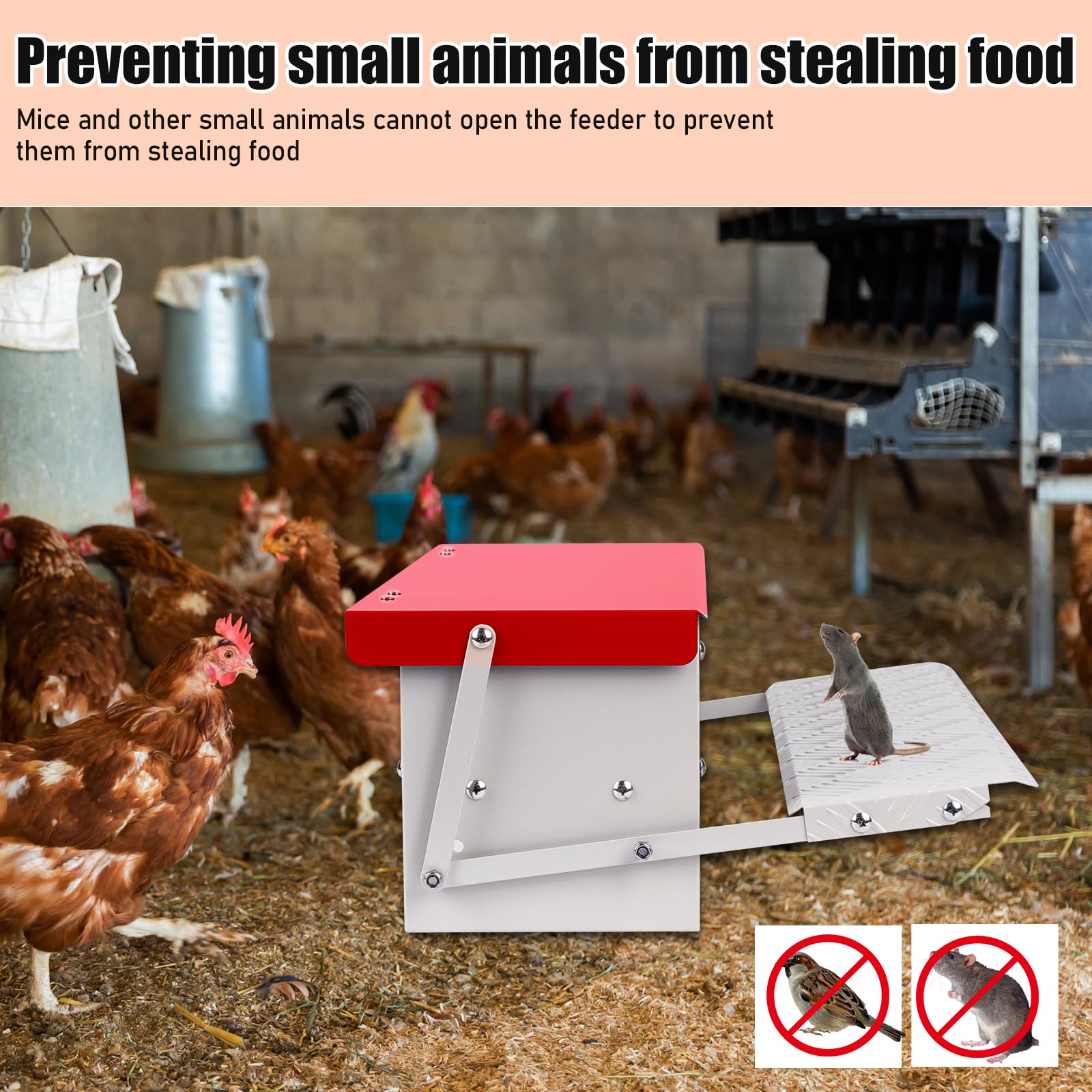 Comedero automático para pollos, 7 kg, comedero de metal para aves de corral con cuchara de acero inoxidable para exteriores, sin residuos, con tapa resistente a la intemperie para 6-12 pollos