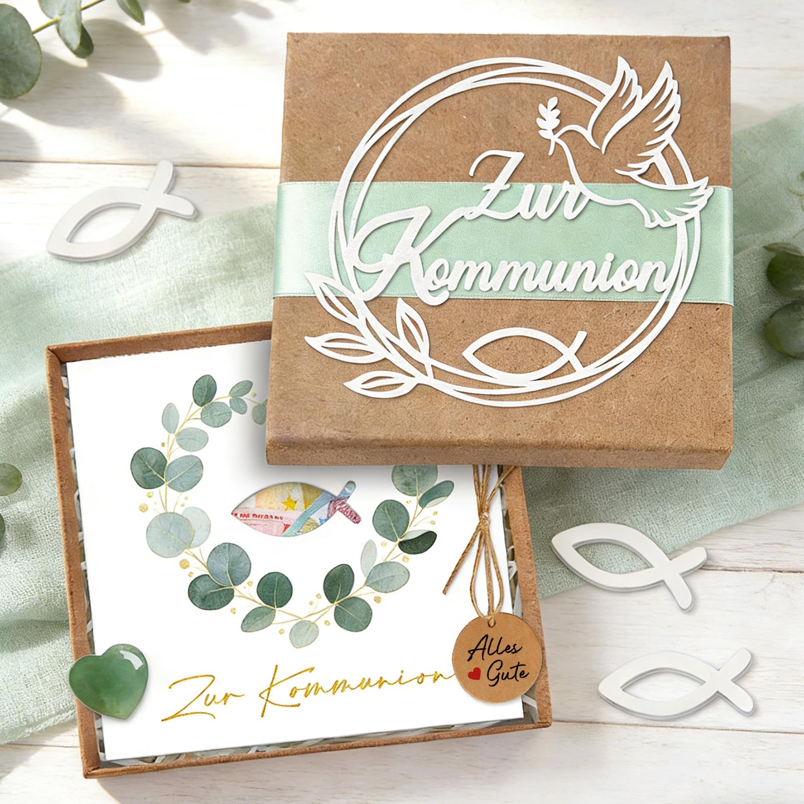 Kommunion Geschenke für Mädchen Junge, Geldgeschenk kommunion Verpackung Geschenkbox & Karte & Glücksstein & Holzfische, Geschenke zur Erstkommunion, Kommunionsgeschenk, Elegante Kommunionskarten