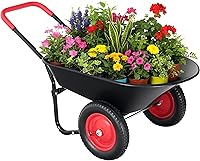 Autodaya Dual-Wheel Garden Cart: 14" Pneumatic Tires, Built-in Stand, 4.5 Cu Ft Heavy-Duty Utility Wheelbarrow for Gardening, Soil & Construction - Red