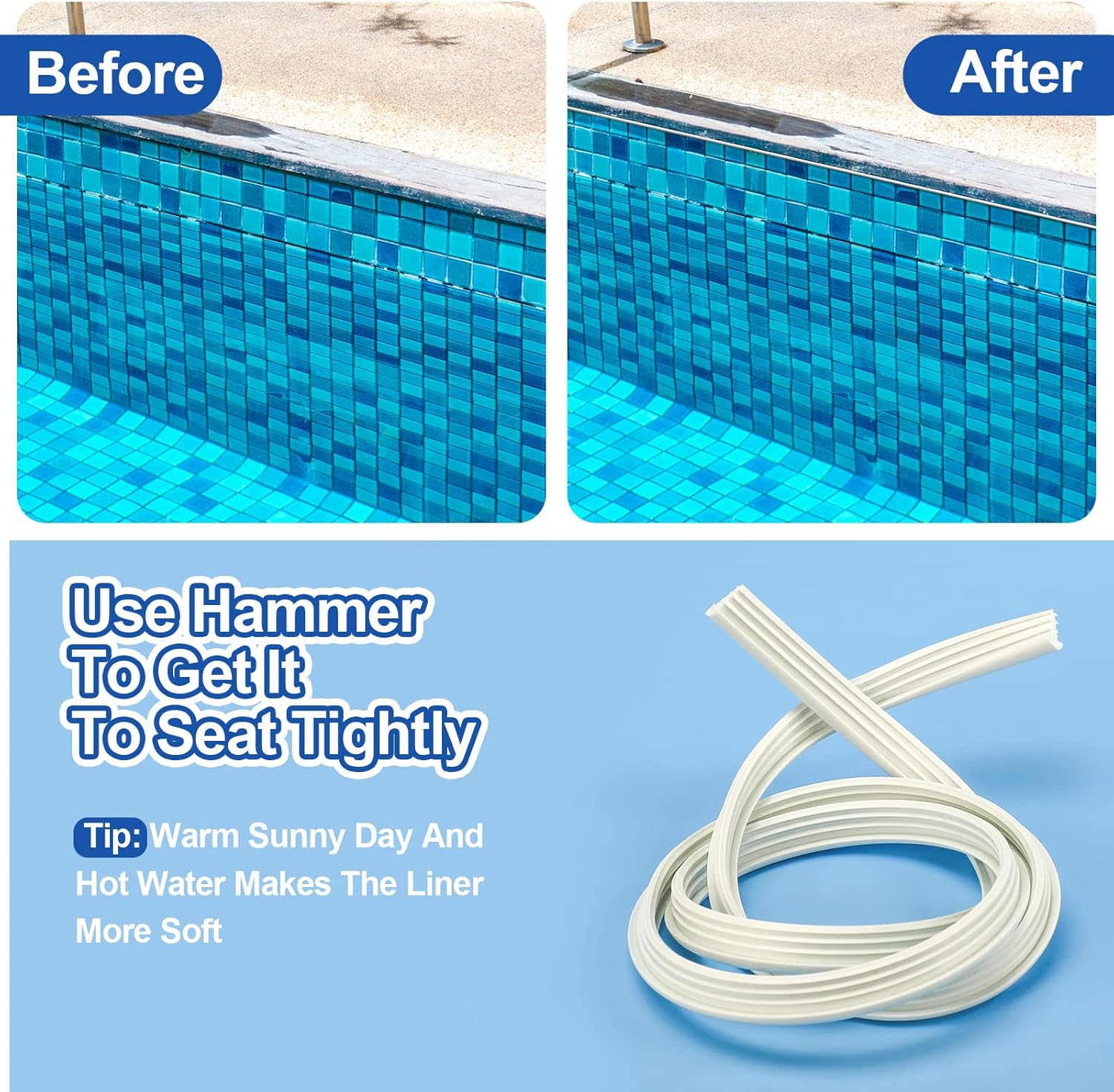 Preboun 180 ft Swimming Pool Liner Lock Roll Pool Bead Lock White Pool Liner Bead Wedge Lock Flexible Beaded Pool Liner Clips Bead Lock for Above Ground Inground Pool Fiberglass Pool