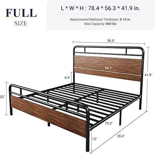 Miniatura 2 de Allewie Base de cama de plataforma de tamaño matrimonial con cabecera y estribo de madera, soporte de 13 listones de metal resistente,