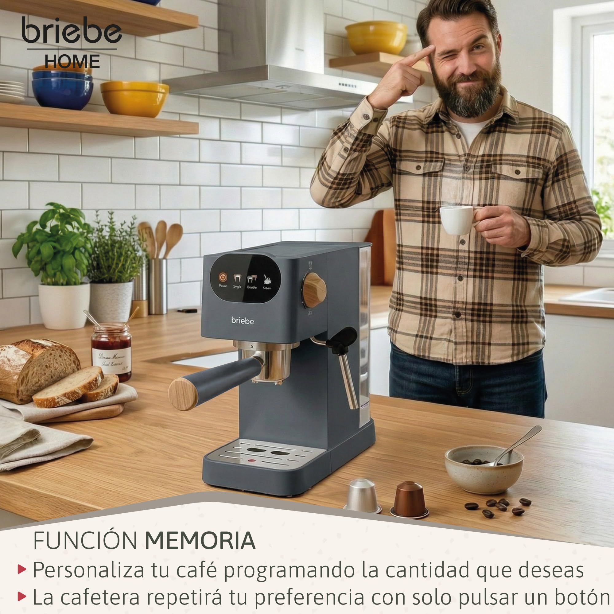 briebe Nordic Cafetera Espresso 20 Bares Compatible Cápsulas Nespresso y Café Molido, Máquina Café Semiautomática Profesional 1350W, Espumador Leche, Pantalla Táctil, 1,2L, Diseño Nórdico, Gris — view 11