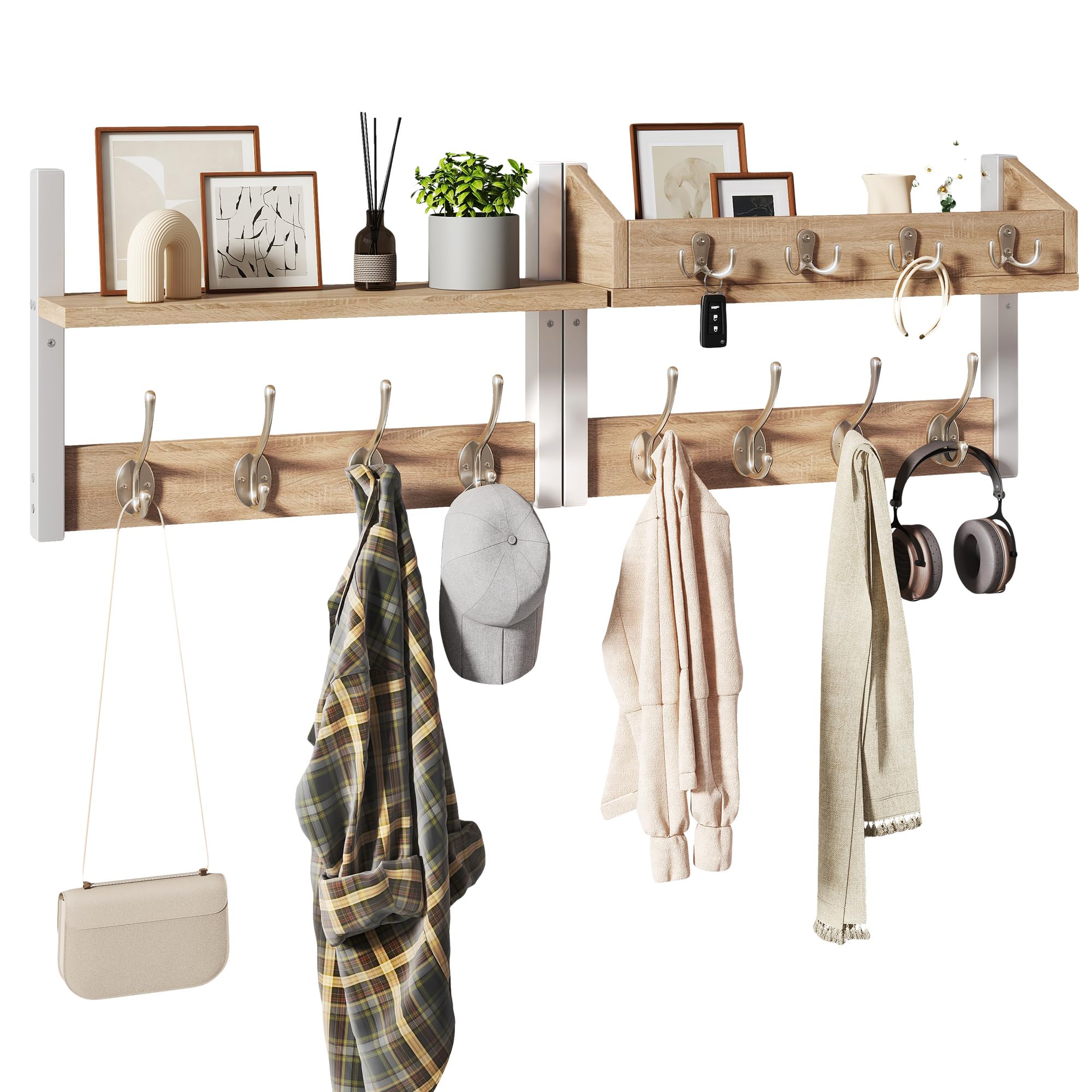 YMYNY 4-in-1 Coat Hooks Wall Mounted with Shelf, Light Natural, HWS007R-2
