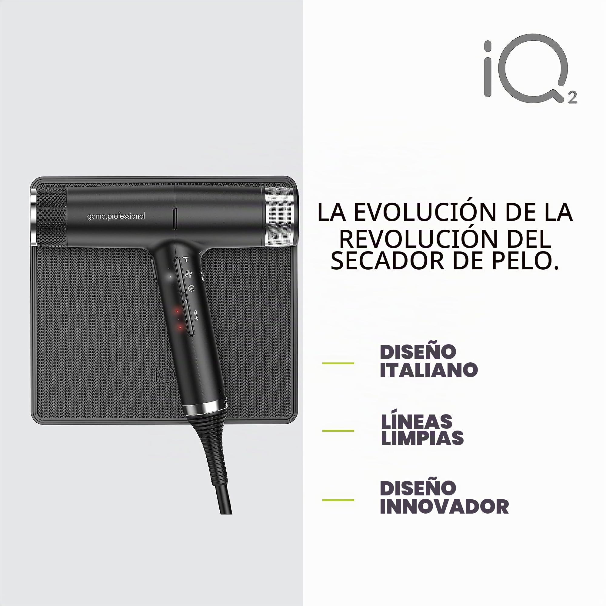 GA.MA Italy Professional, iQ2 Perfect, secador de pelo ultraligero con motor sin escobillas de 110.000 rpm, tecnología Oxy-Active y función Turbo, potencia 1600 W, negro
