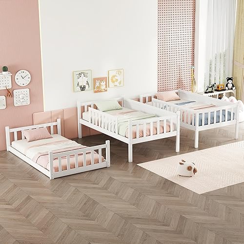 Miniatura 49 de Litera triple de metal, tamaño matrimonial XL sobre individual XL sobre tamaño Queen, elegante base de cama triple con seguridad garantizada para