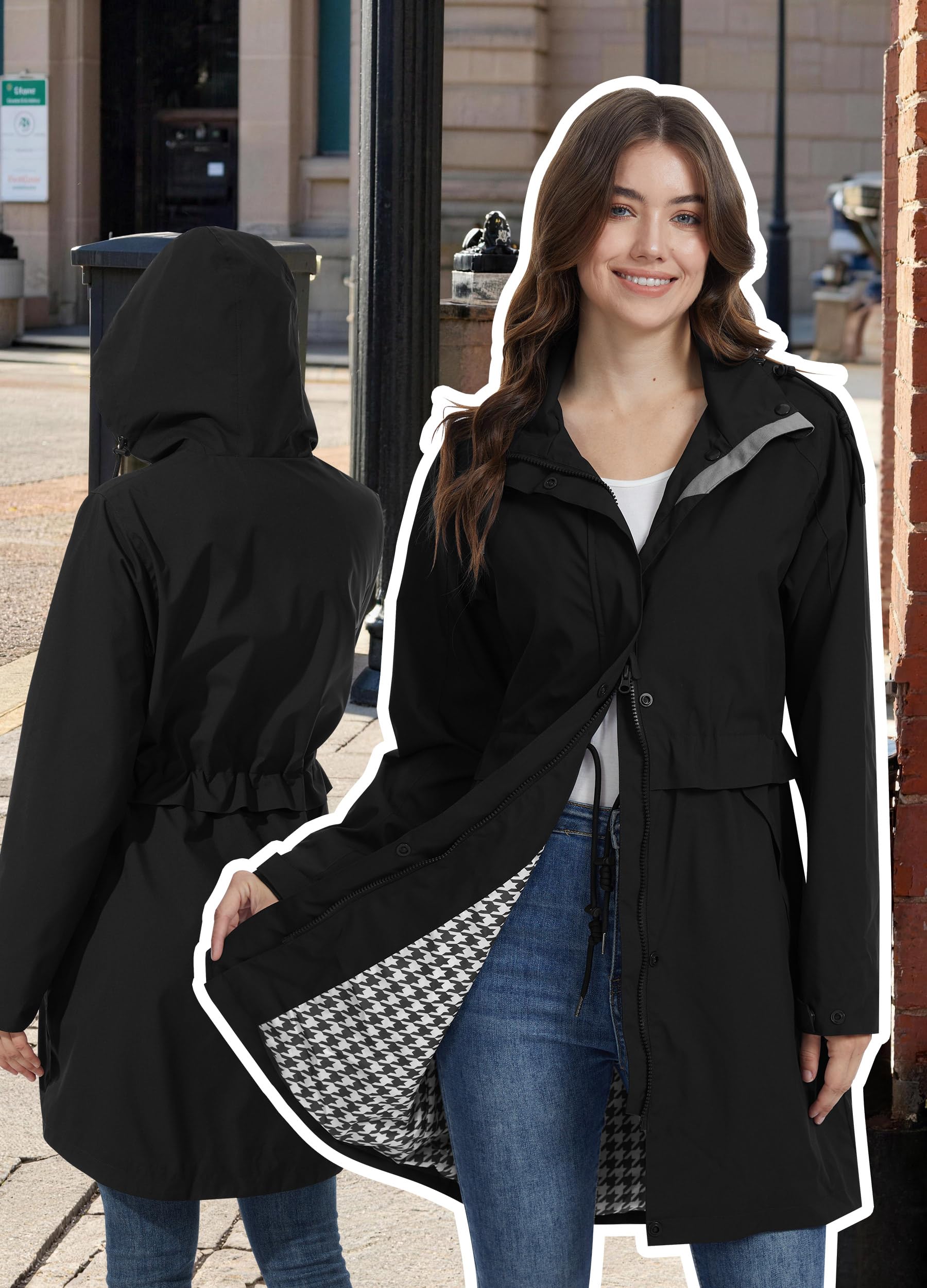 Regenjacke Damen Wasserdicht Kapuze Regenmantel Jacke Atmungsaktive Mantel Übergangsjacke Lang Trenchcoat Frühling Herbst S-2XL