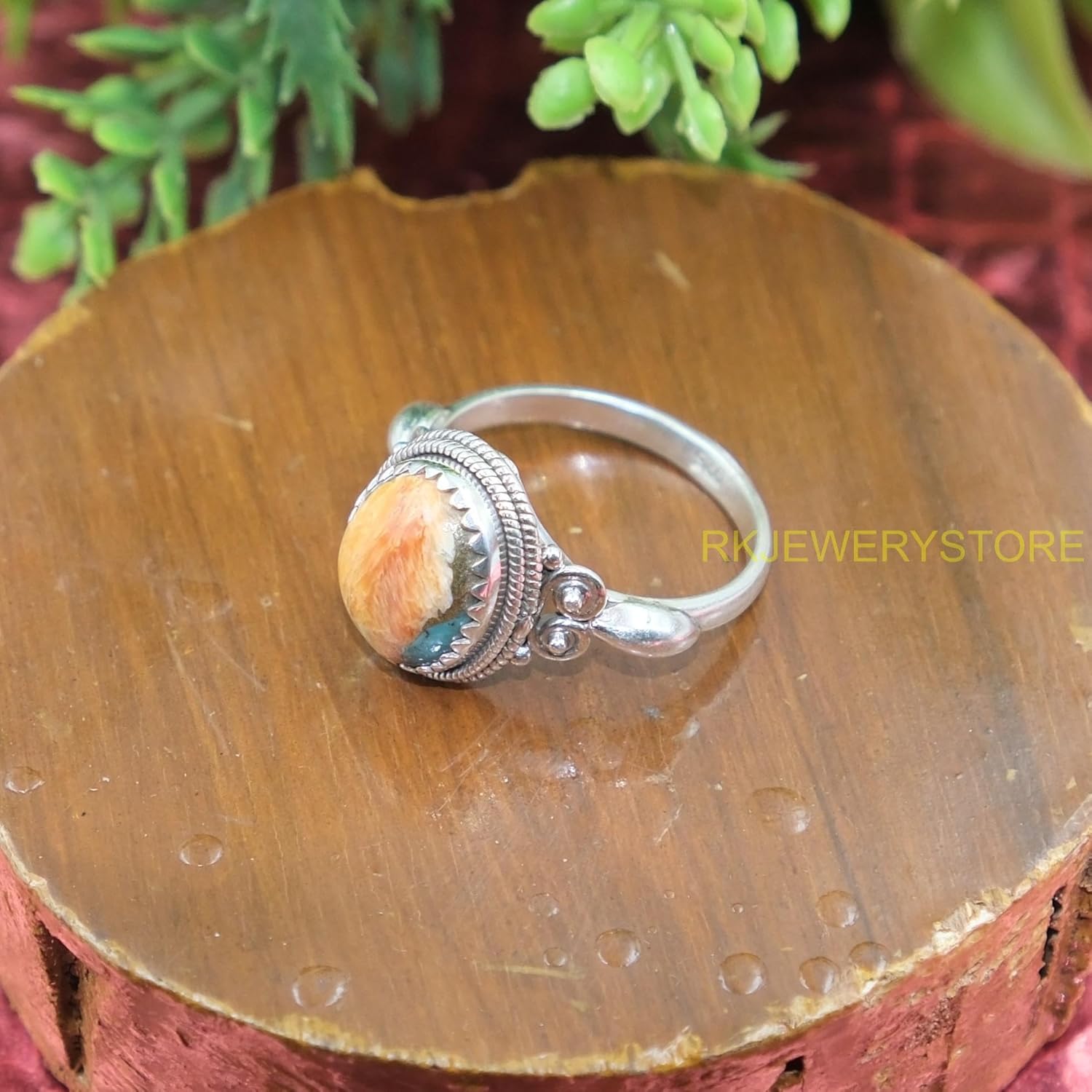 Orange Spiny Oyster Turquoise Stone Ring 925 Sterling Silver Handmade Design Statement Promise Wedding Engagement Rings Jewelry Gift for Wife Girlfriend and Her