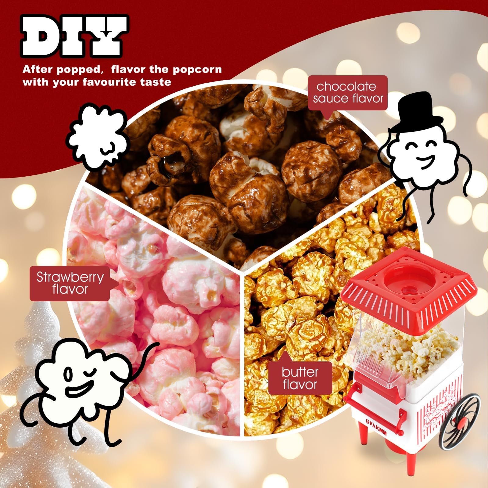 Macchina per popcorn, kit per popcorn ad aria calda, scatola regalo, macchina portatile per popcorn casalinga, 10 tazze, senza olio, stile retrò, compatta e carina