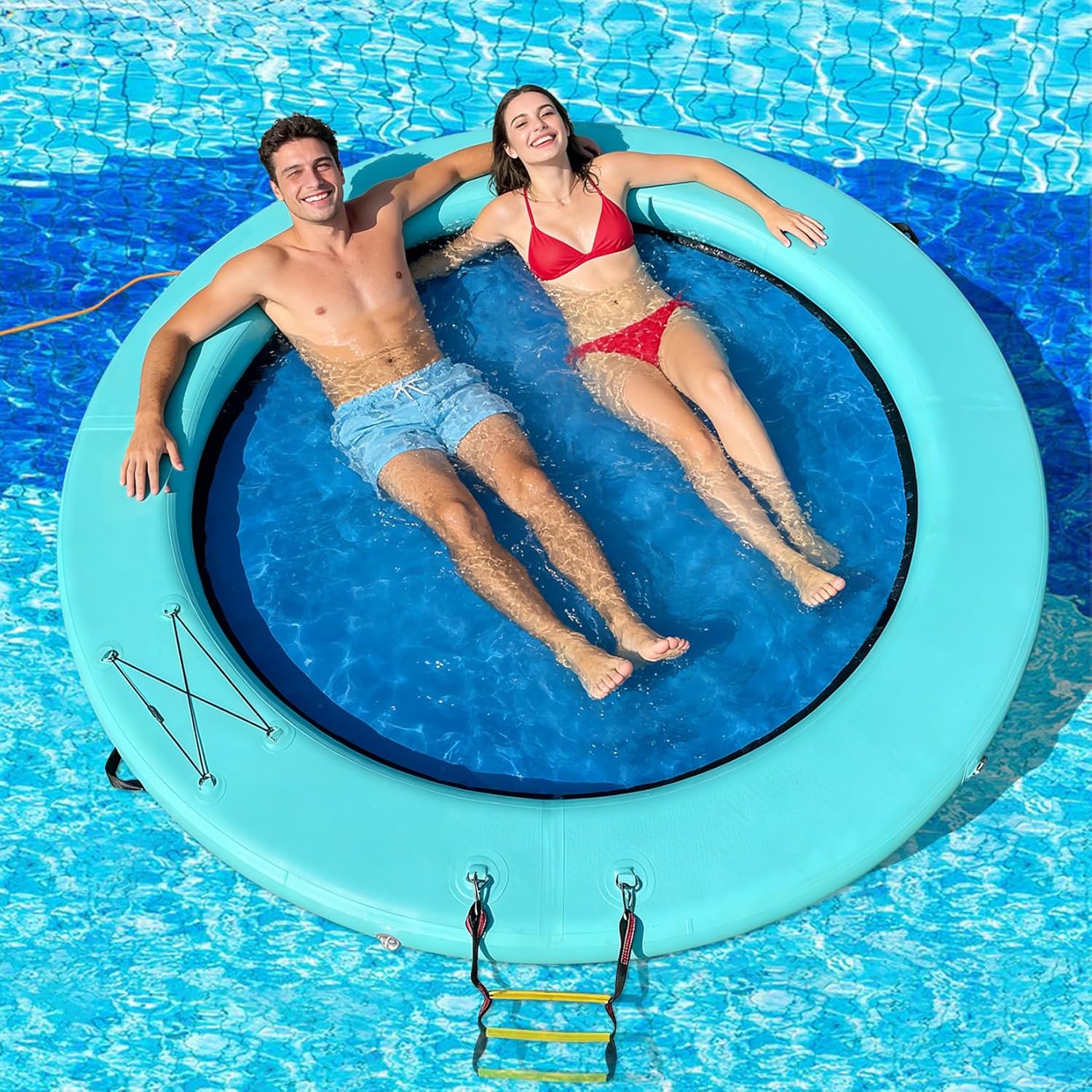 Inflatable Water Hammock Floats for Adults,8FT/10FT Round Floating Ring Inflatable Dock Lake Float for Tanning Pool Lounger Island Float Platform for Party