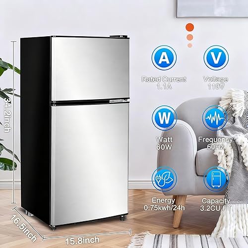 Miniatura 2 de Refrigerador pequeño de 3.2 pies cúbicos con congelador, refrigerador compacto de doble puerta, mininevera para dormitorio, cocina, residencia de