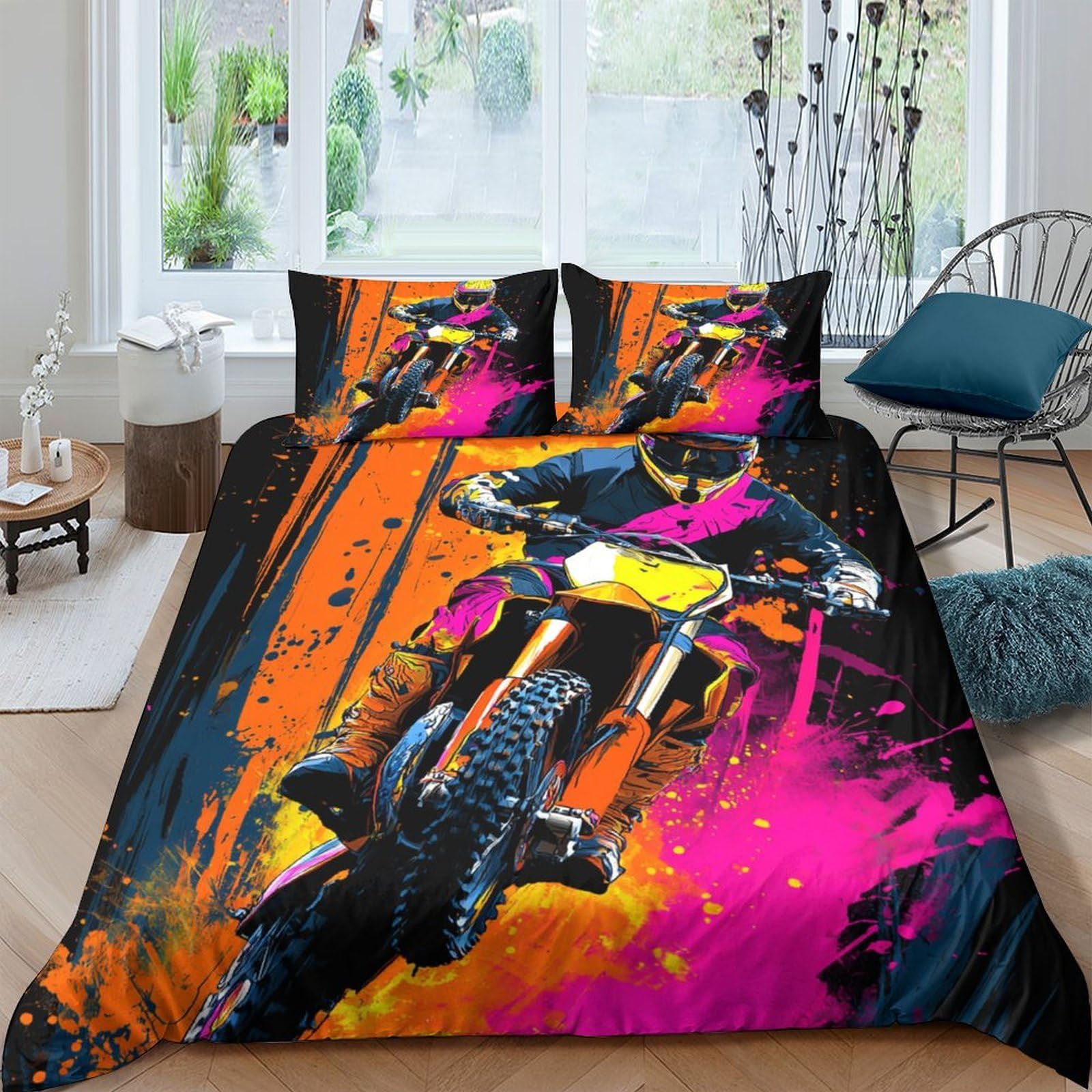 Ctjqhvkz Style-3 3D Printed Motocross Splash Fitted Sheet Microfiber Orange Pink Graffiti Bed Cover For Bedroom Dorm Decor Mattress Protection Single（135X200cm）