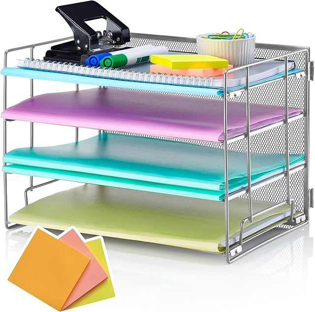 TIDYHIVE 4-Tier Letter Tray Organiser, Screw-Free Design, Paper Filing Tray for Office Desk, File Holder Stackable Filing Trays & Sticky Notes