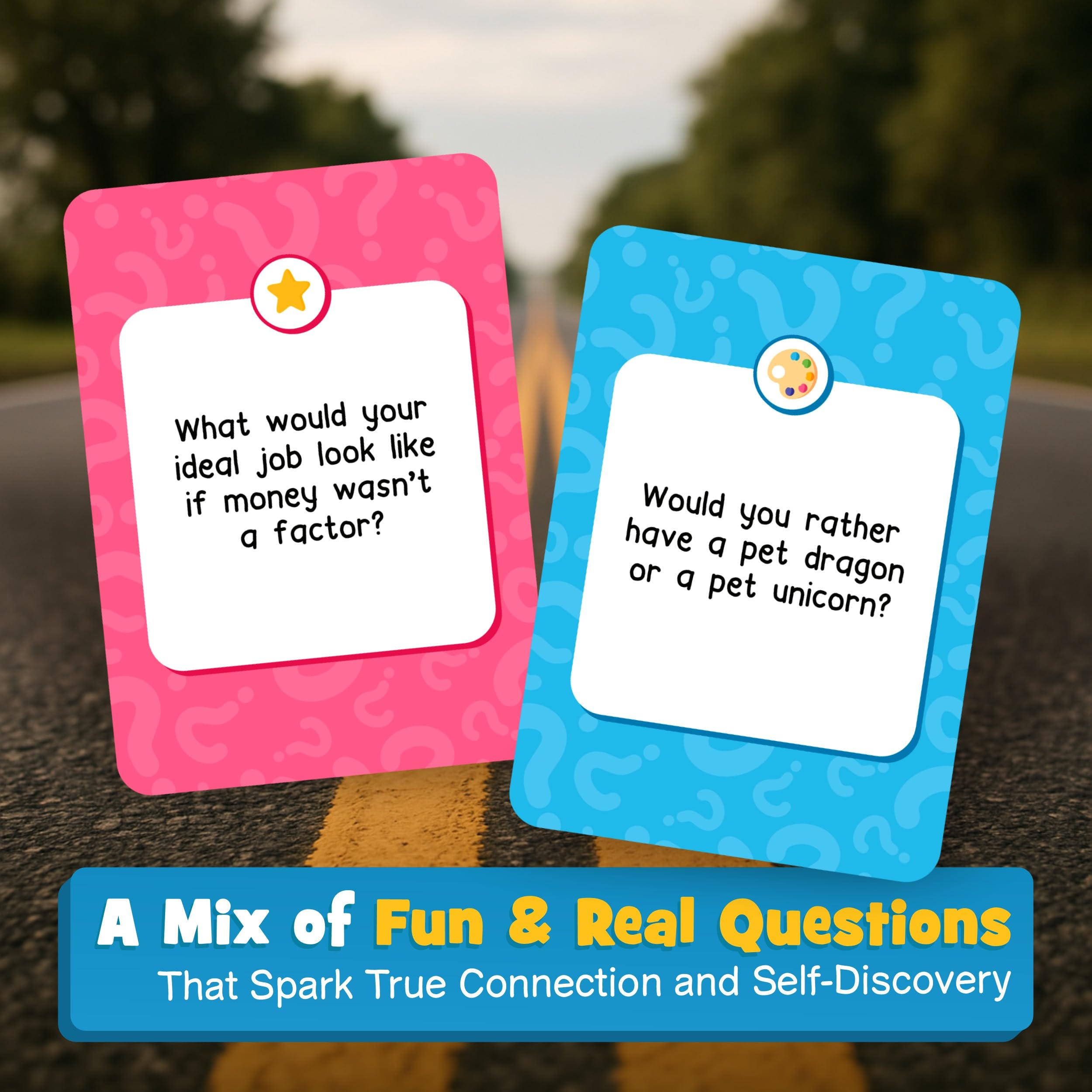 WELL BALANCED Bonding Miles - Juego de cartas de conversación de viaje por carretera para niños, adolescentes y adultos, juego de coche, artículos esenciales de viaje