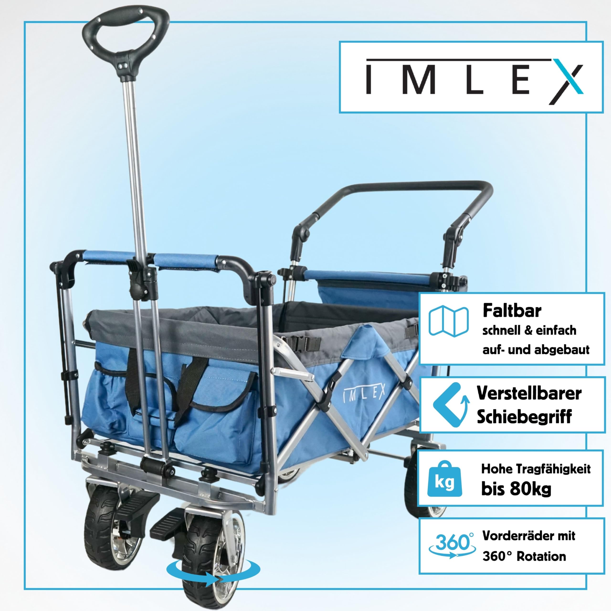 IMLEX Bollerwagen faltbar XXL mit UV Dach – Handwagen für 2 Kinder bis 80 kg – klappbar mit Schiebegriff & Zugstange – Geländereifen – ideal für Strand, Camping, Garten, Zoo & Freizeit IM-4268 Blau