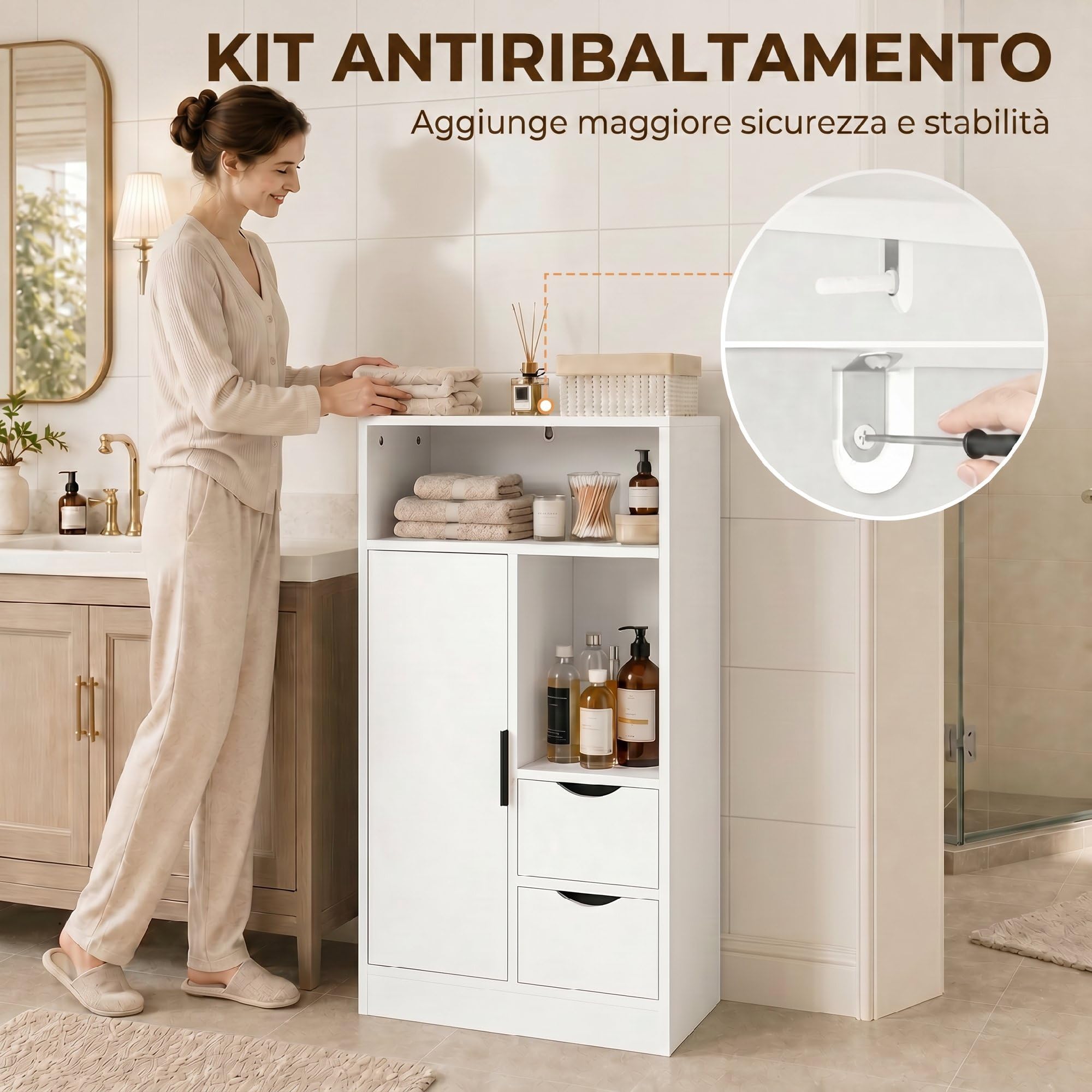 HOMCOM Mobiletto Bagno Salvaspazio Slim 50x25x100 cm Bianco | Mobile Bagno con 2 Cassetti, Ripiani Regolabili a 3 Livelli e Armadietto, Stile Nordico