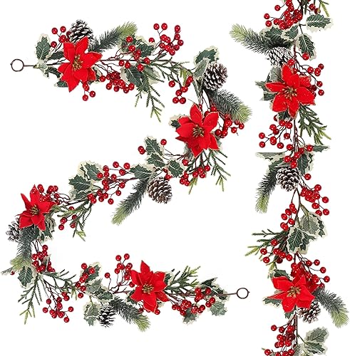 Miniatura 1 de TOCHGREEN Guirnalda de Navidad de bayas rojas de 12 pies, guirnalda de bayas artificiales con conos de pino, flores de Pascua y hojas de acebo,