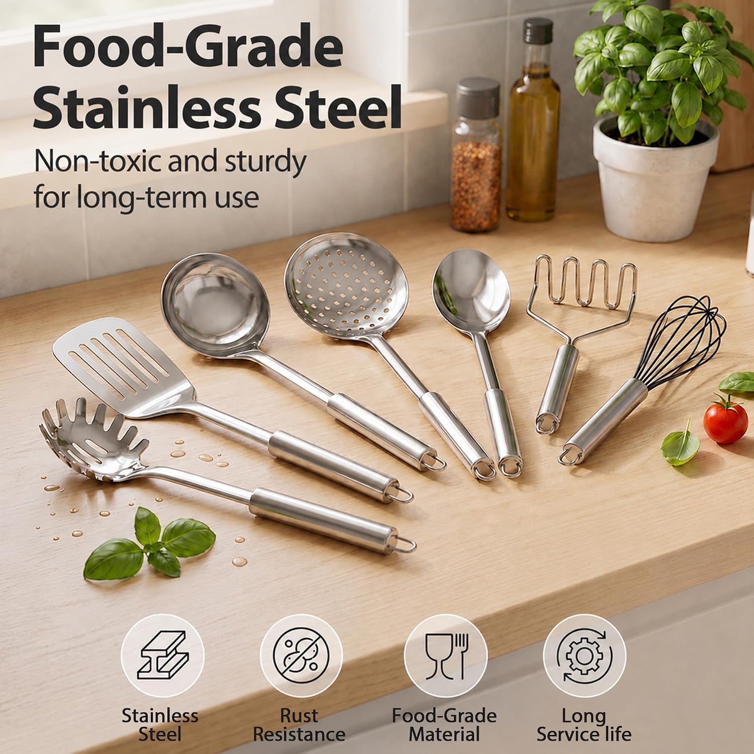 Leonyo 8 Pcs Stainless Steel Kitchen Cooking Utensils Set with Holder