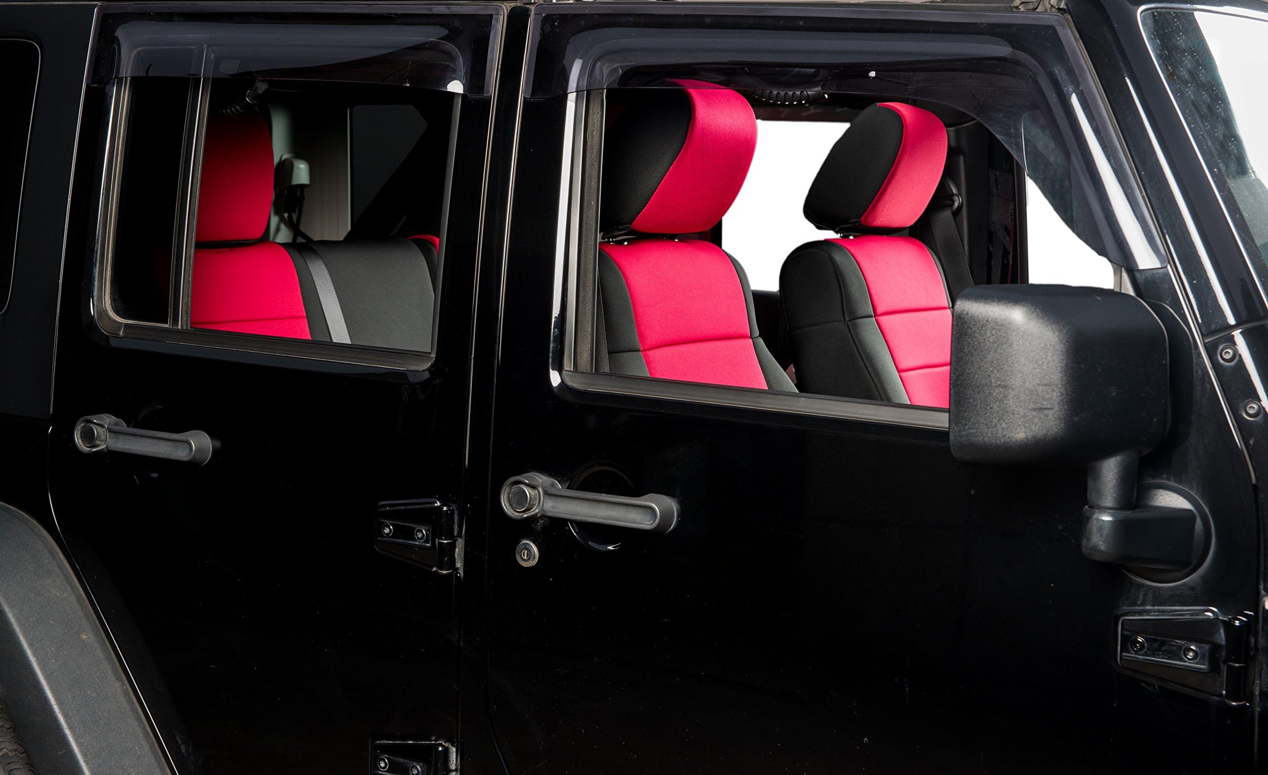 Jeep Wrangler Seat Covers for 2007, 2008, 2009, 2010 JK Rubicon, Sahara, Unlimited, Customized Neoprene Car Seat Protector, Airbag Compatible and Waterproof (4 Door, Black/Red)