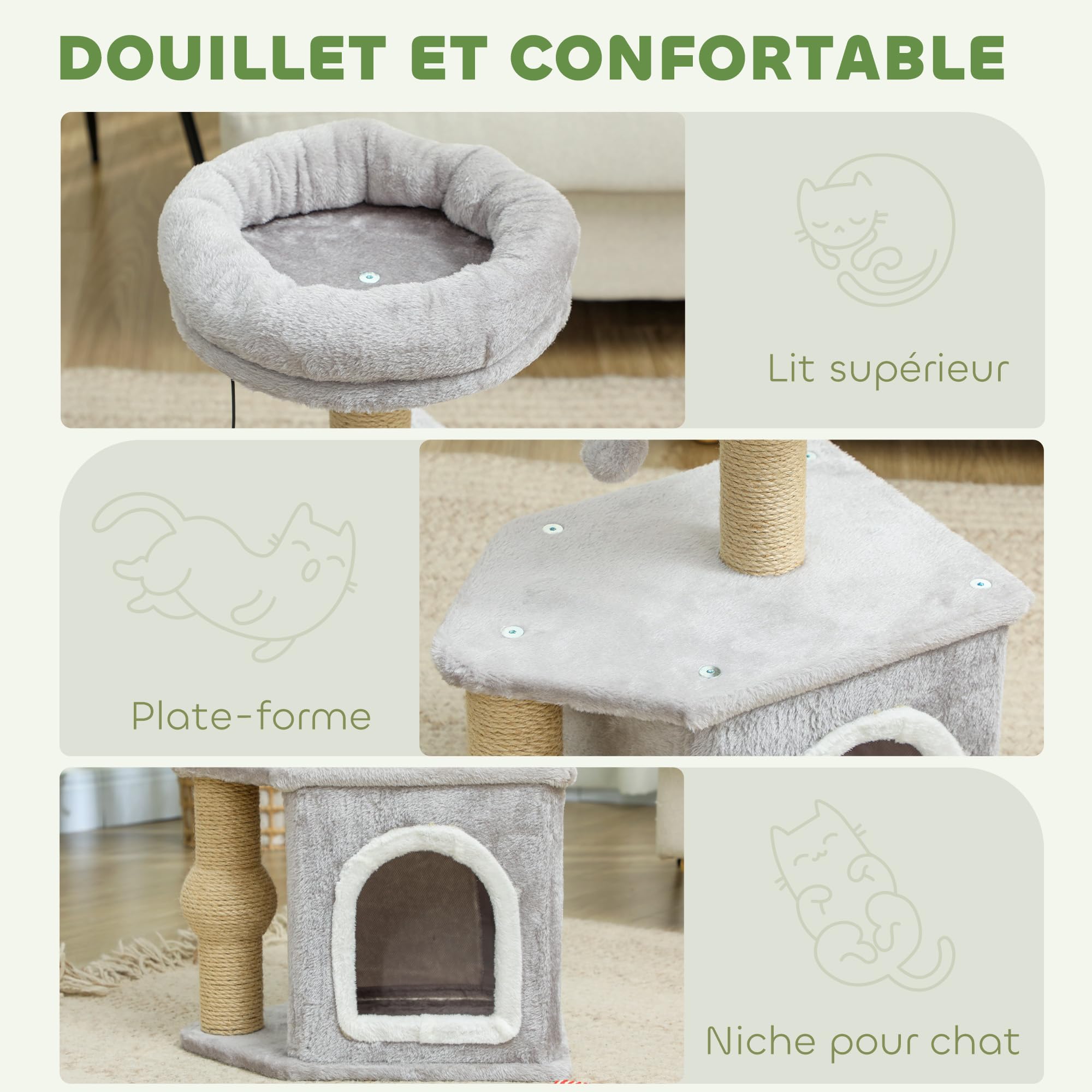 PawHut Arbre à Chat, Tour de Jeux pour Chats, Hauteur de 66 cm, avec poteaux à griffer en Jute, lit Maison pour Chat, Plateforme, Balle de Jeu, Gris Clair