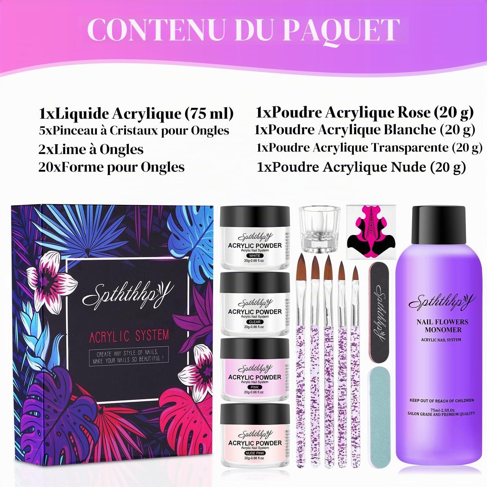 4PCS Poudre Acrylique pour Ongles SPTHTHHPY et 75ML Liquide Acrylique, Kit Vernis à Ongles Complet, Convient Aux Débutants et Aux