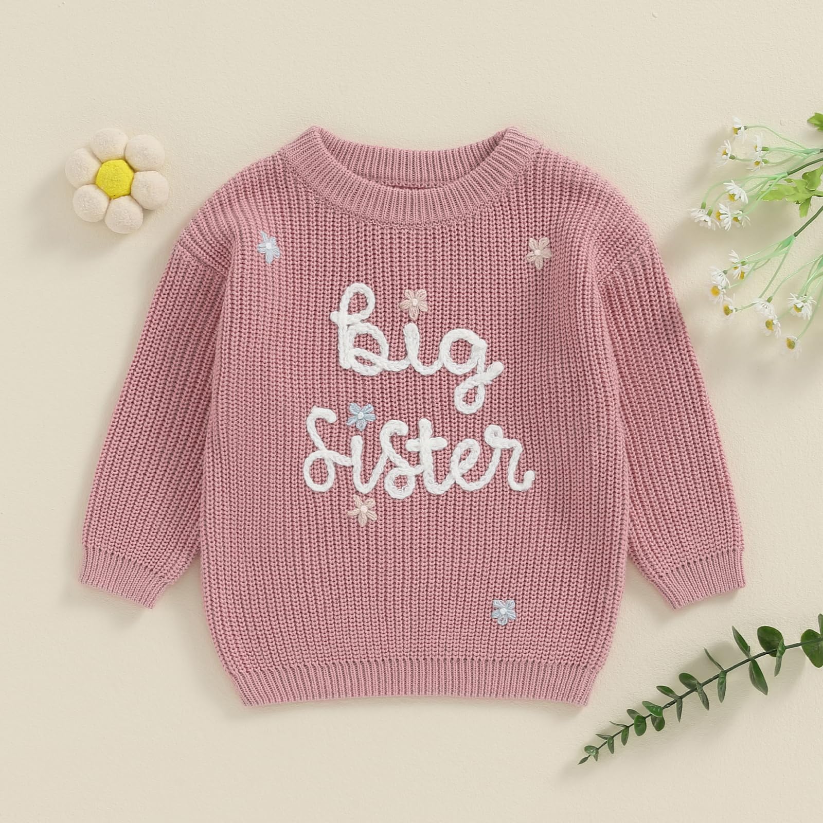 Springcmy Pull tricoté à manches longues pour bébé fille avec broderie fleurie