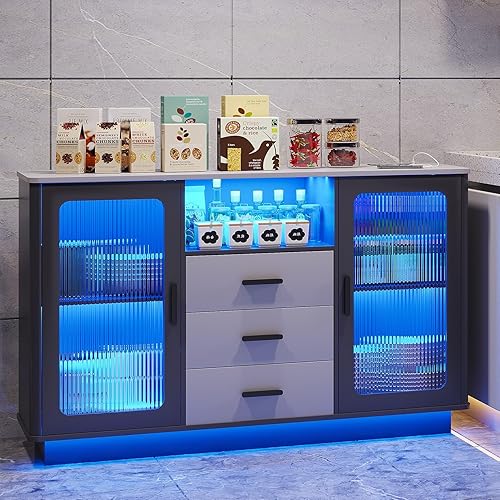 LVSOMT Modern Coffee Station with Motion Sensor, Home Coffee Nook Table for Dining Room, Kitchen Buffer Sideboard with Storage Cabinet (Matte Grey)