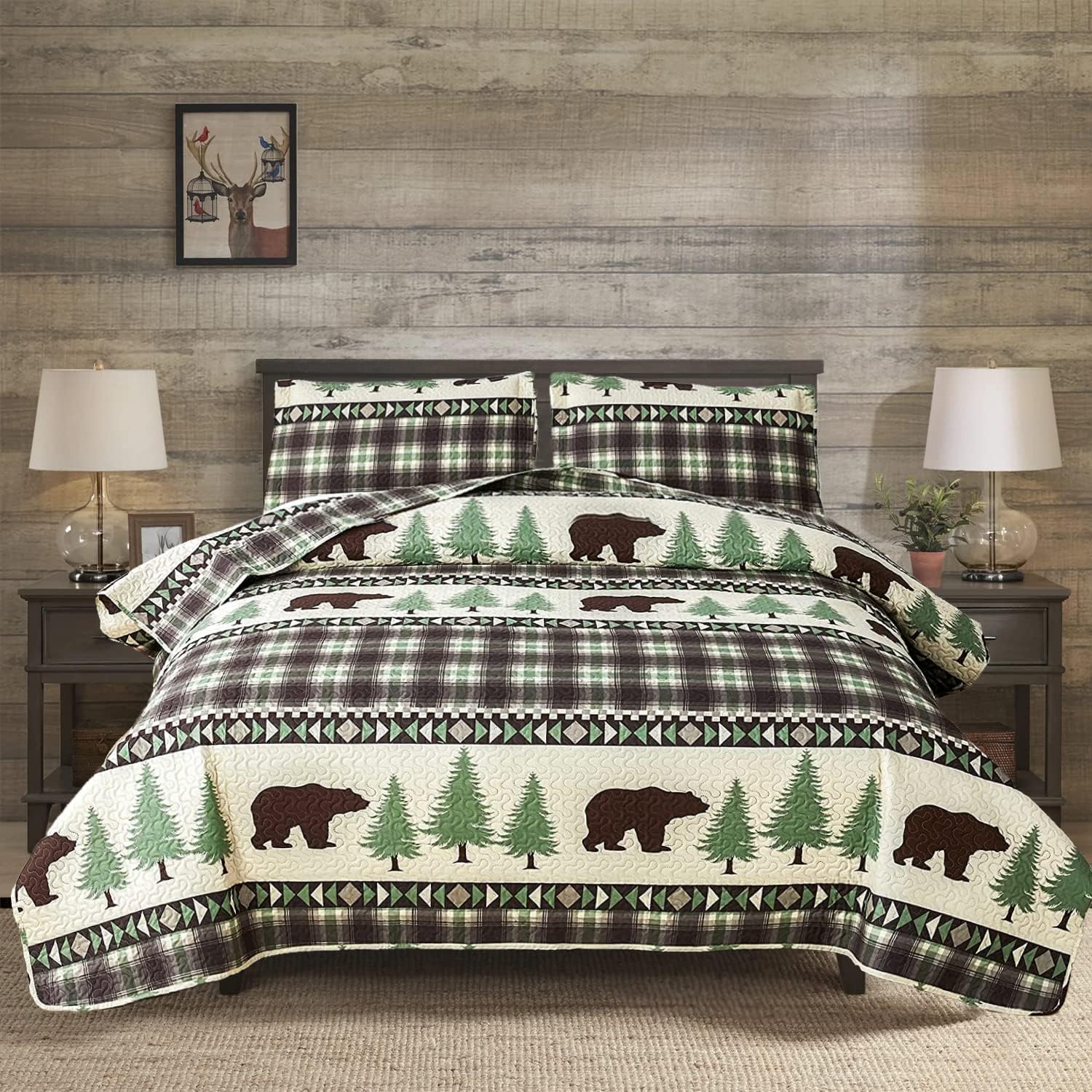 Cabin Bear Quilts Set Full/Queen Size, Lightweight Plaid Bedspread Coverlet Rustic Lodge Bedding Forest Tree Bed Sheet with Pillowshams (Beige Brown, Full/Queen)