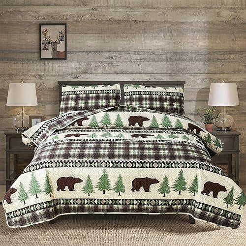 Junsey Colchas rústicas de alce tamaño King, colcha ligera de retazos a cuadros, colcha de cabaña de troncos, ropa de cama para casa de campo con Junsey Colchas rústicas de alce tamaño King, colcha ligera de retazos a cuadros, colcha de cabaña de troncos, ropa de cama para casa de campo con