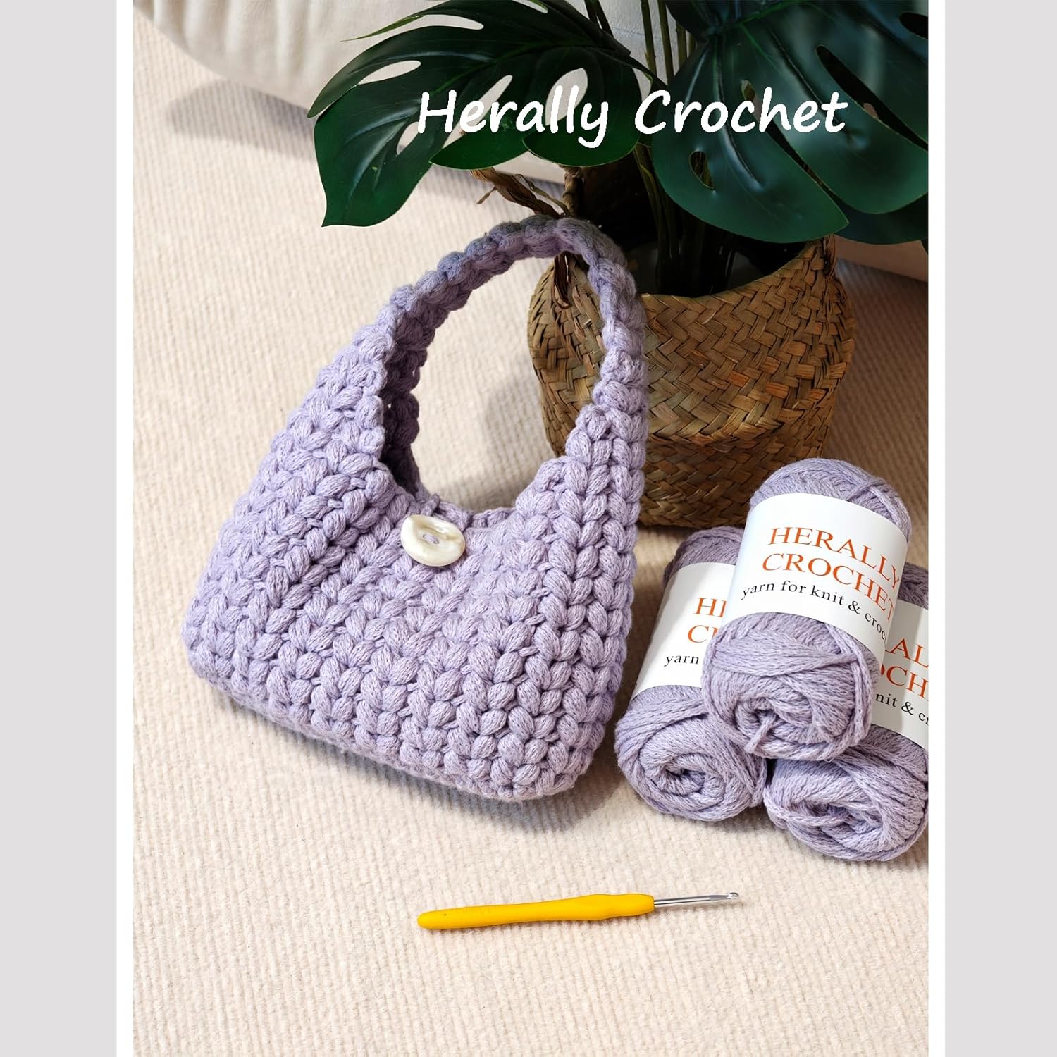 Herally Crochet Kit DIY for Beginners - Include Yarn, Hook and Accessory - with Step by Step Video Tutorials - Wheatear Hobo Bag (Lavender)
