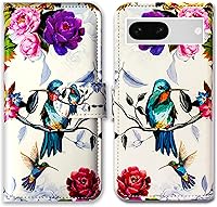 Vista 27 de Pixel 7a - Funda de piel con tapa y función atril para Google Pixel 7a, diseño de flores y mariposas azules