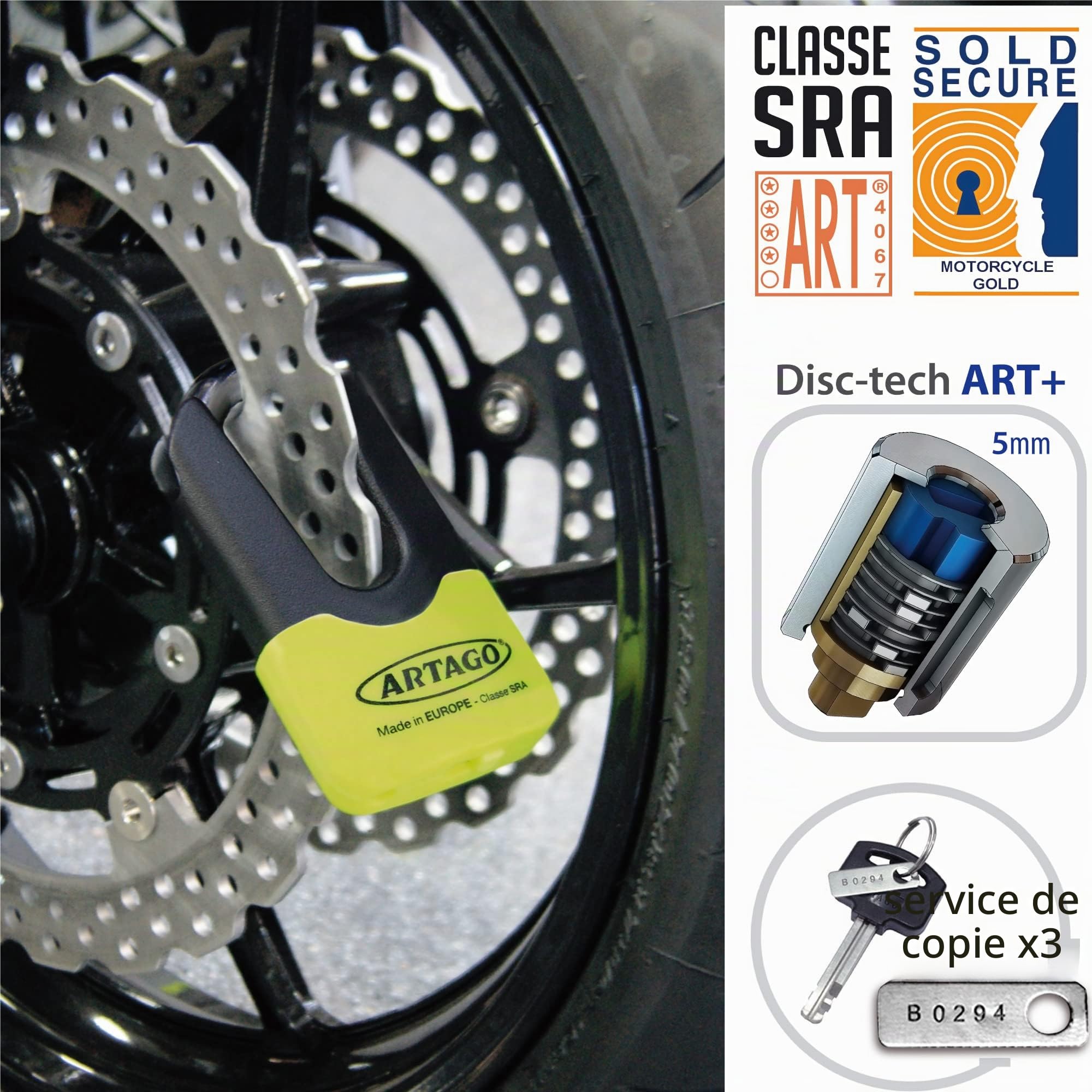 Artago 69X2 Pack Antivol Disque Haute Sécurité + Support pour Yamaha MT-07 et Tracer 700, Homologué SRA, Sold Secure Gold, ART4