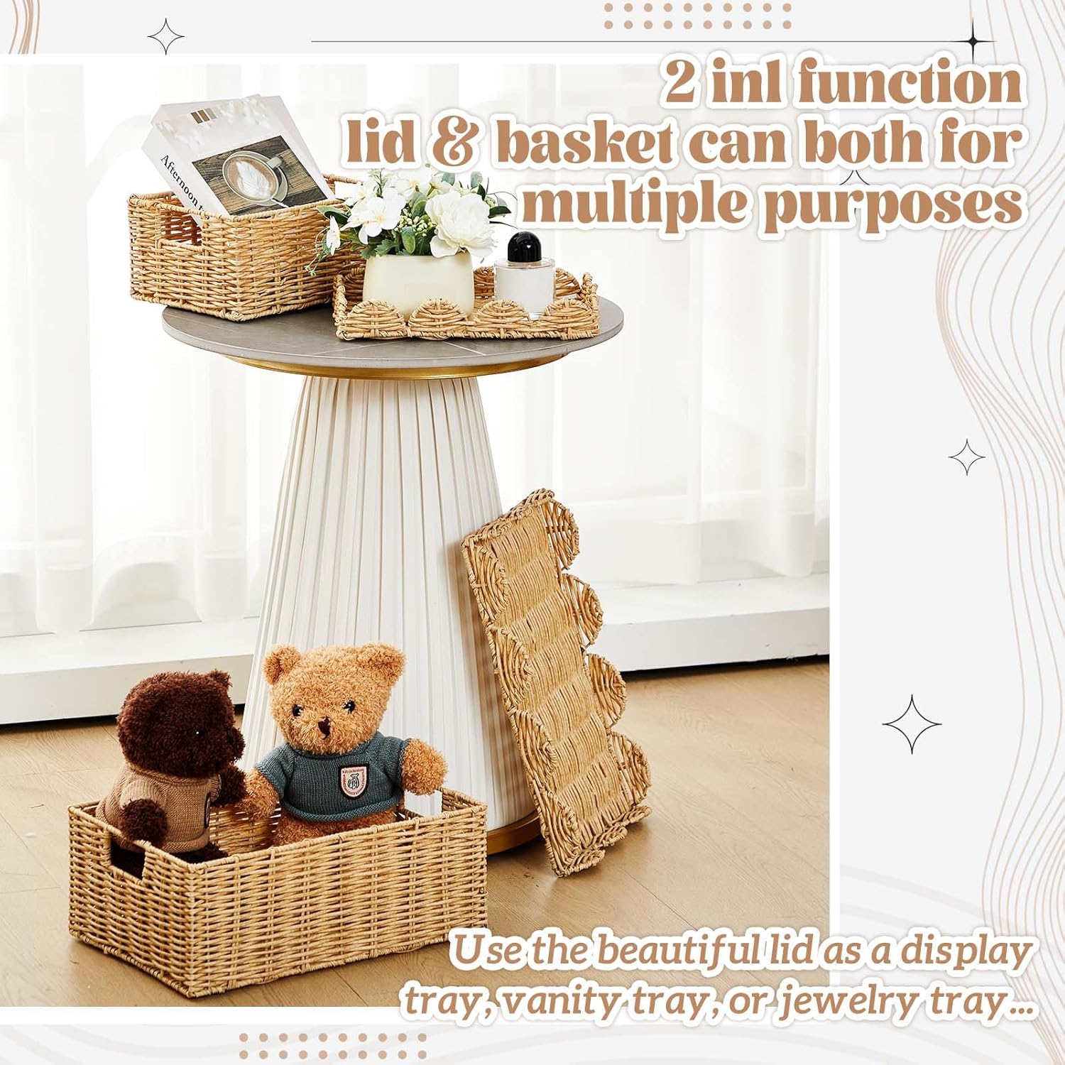 Sintuff 2 Pcs Scalloped Wicker Basket with Lid, Rattan Basket Built-in Handles, Waterproof Woven with Removable Tray Lid for Nursery, Shelf Closet, Bedroom Natural 15 x 10 x 6 Inch & 11 x 8 x 5 Inch