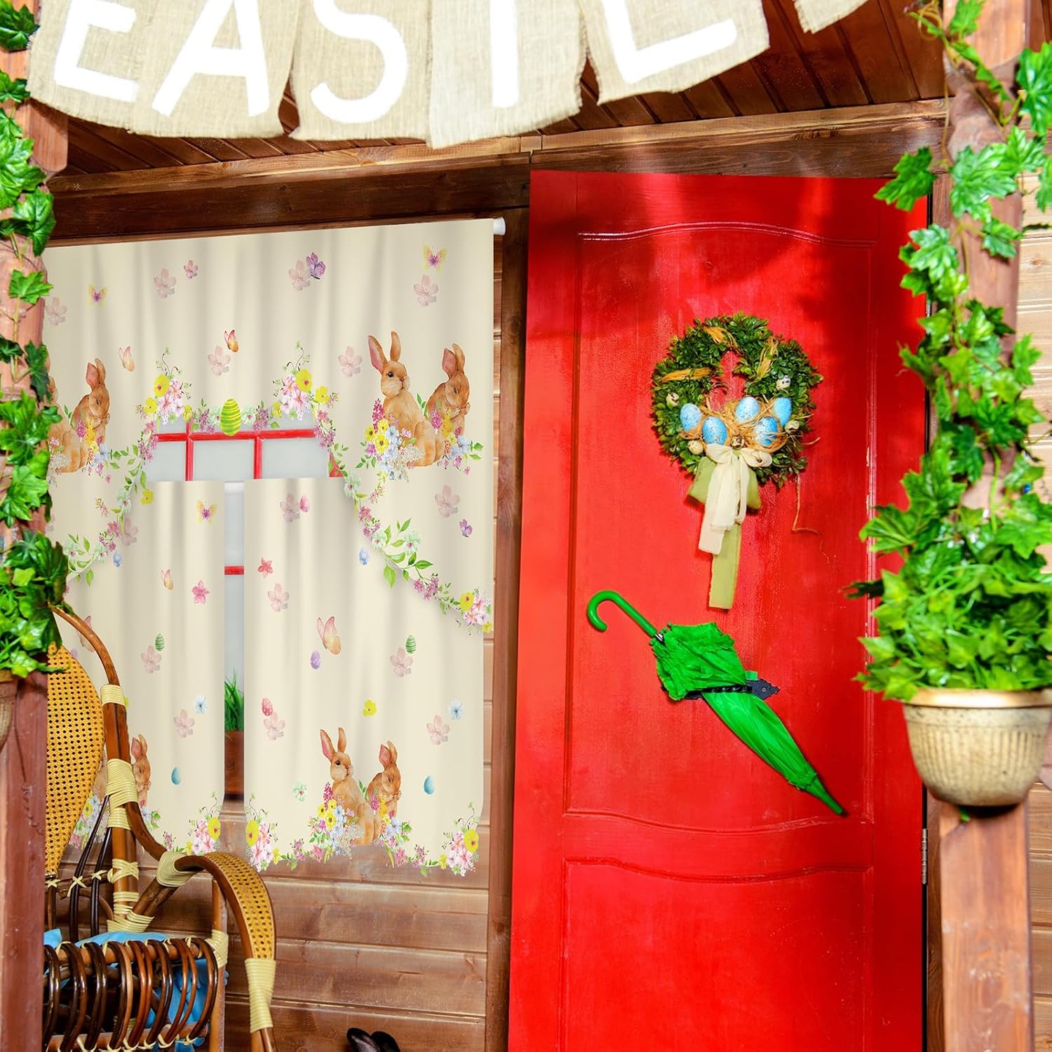 FuWeave 3 Pcs Easter Kitchen Curtain Bunny Eggs Spring Valance Set, Beige