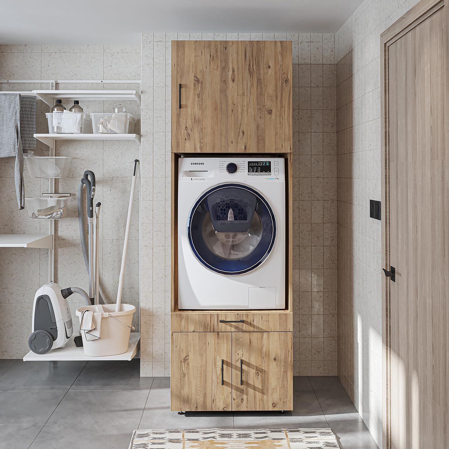 ROOMART , Armoire de machine à laver avec support d'armoire et planche à rallonge, blanc, chêne noir, superstructure de machine à laver (armoire + insert (62 cm), chêne)
