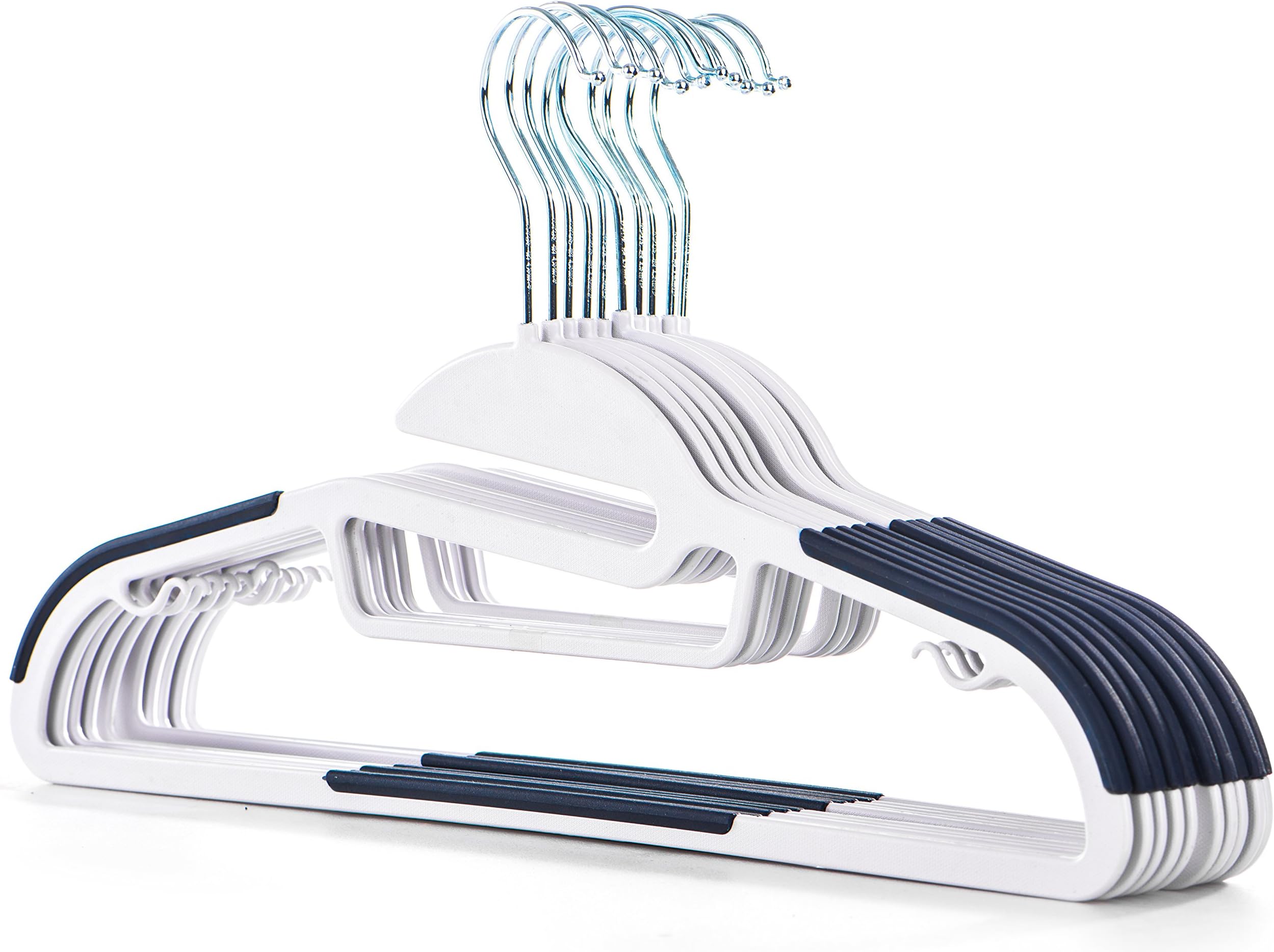 Popular Design Products 10 pc Premium Quality Easy-On Clothes Hangers - White with Dark Blue Non-Slip Pads - Space Saving Thin Profile - for Shirts, Pants, Blouses, Scarves – Strong Enough for Coats